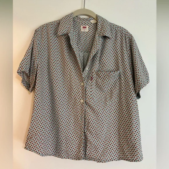 Levis Camp Shirt Womens Medium Checkered Print Linen Cotton Blend - Picture 1 of 7